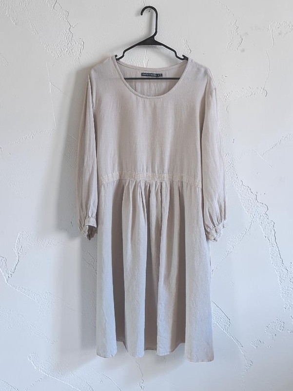 Gudrun Sjdn 100% Linen Midi Dress Natural Oatmeal Beige Embroidered Trim Xl